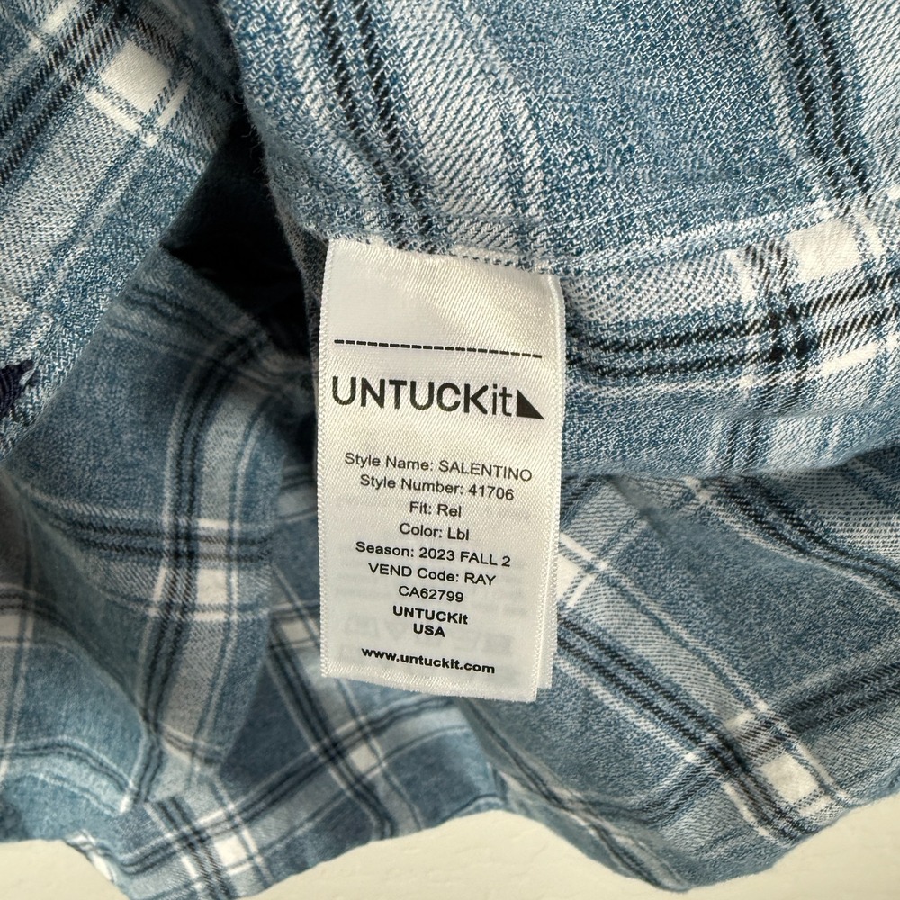 Untuckit Shirt Mens XL Blue Relaxed Fit Flannel Button Up Salentino Plaid - Picture 6 of 9